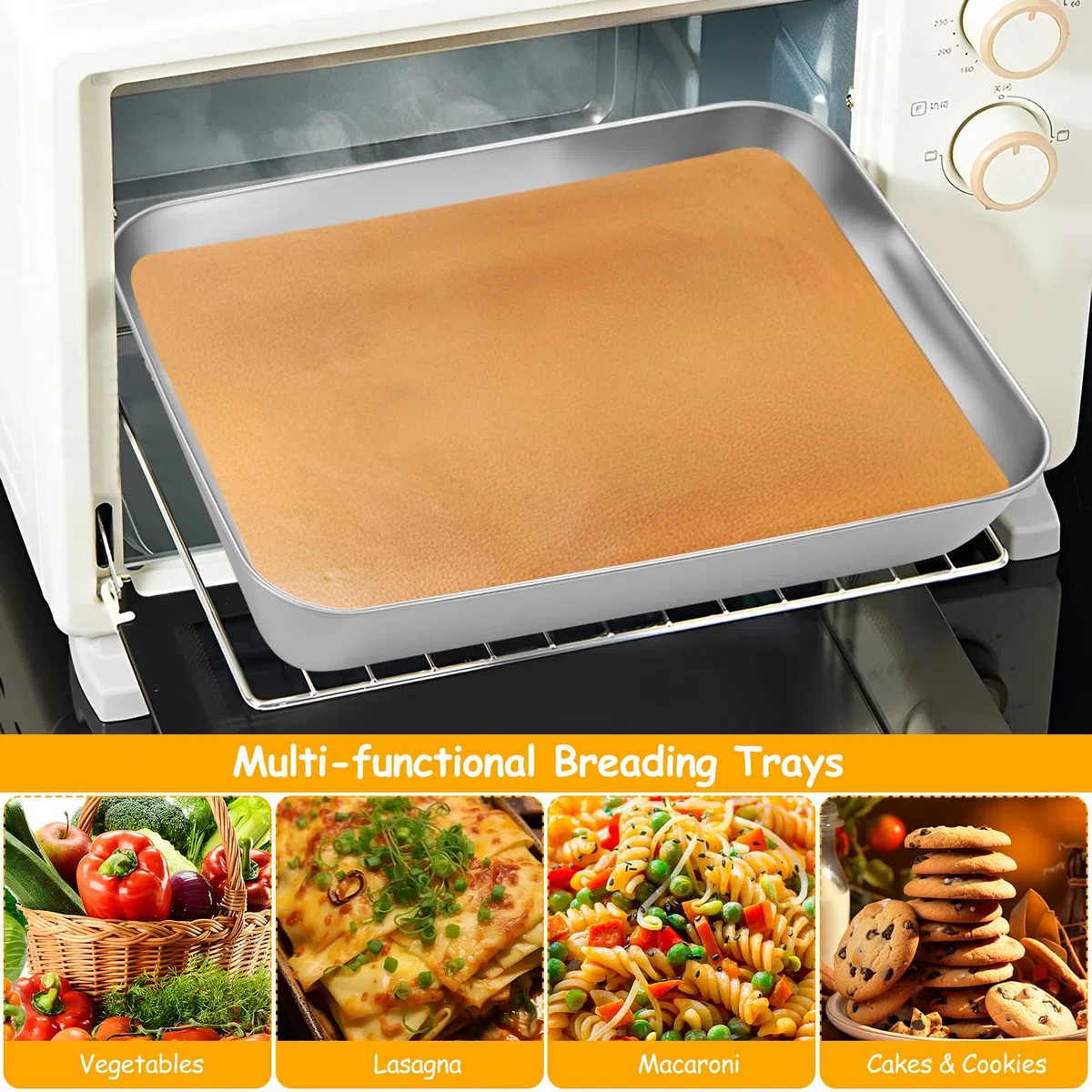 3 Piezas Bandejas para Empanar, Bandejas Acero Inoxidable para el Rebozado, Bandeja para Empanizar de Horno Metálica Rectangular para Empanizar Rebanadas de Carne Pescado (25,5 x 20 x 5,5 cm)