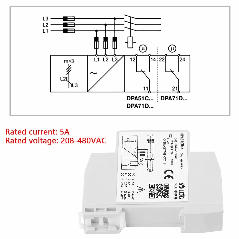 DPA51CM44 Relé de monitoreo trifásico, relé de monitoreo de corriente/voltaje Protector de secuencia de fase para trifásico, sin neutro, pérdida de fase y secuencia de fase incorrecta