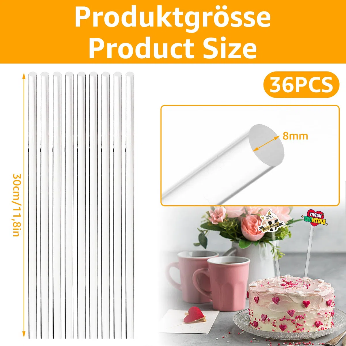 36 varillas de plástico transparentes, 8 mm x 30 cm, varillas acrílicas redondas, reutilizables, varillas redondas de plástico acrílico para manualidades, material de modelo arquitectónico