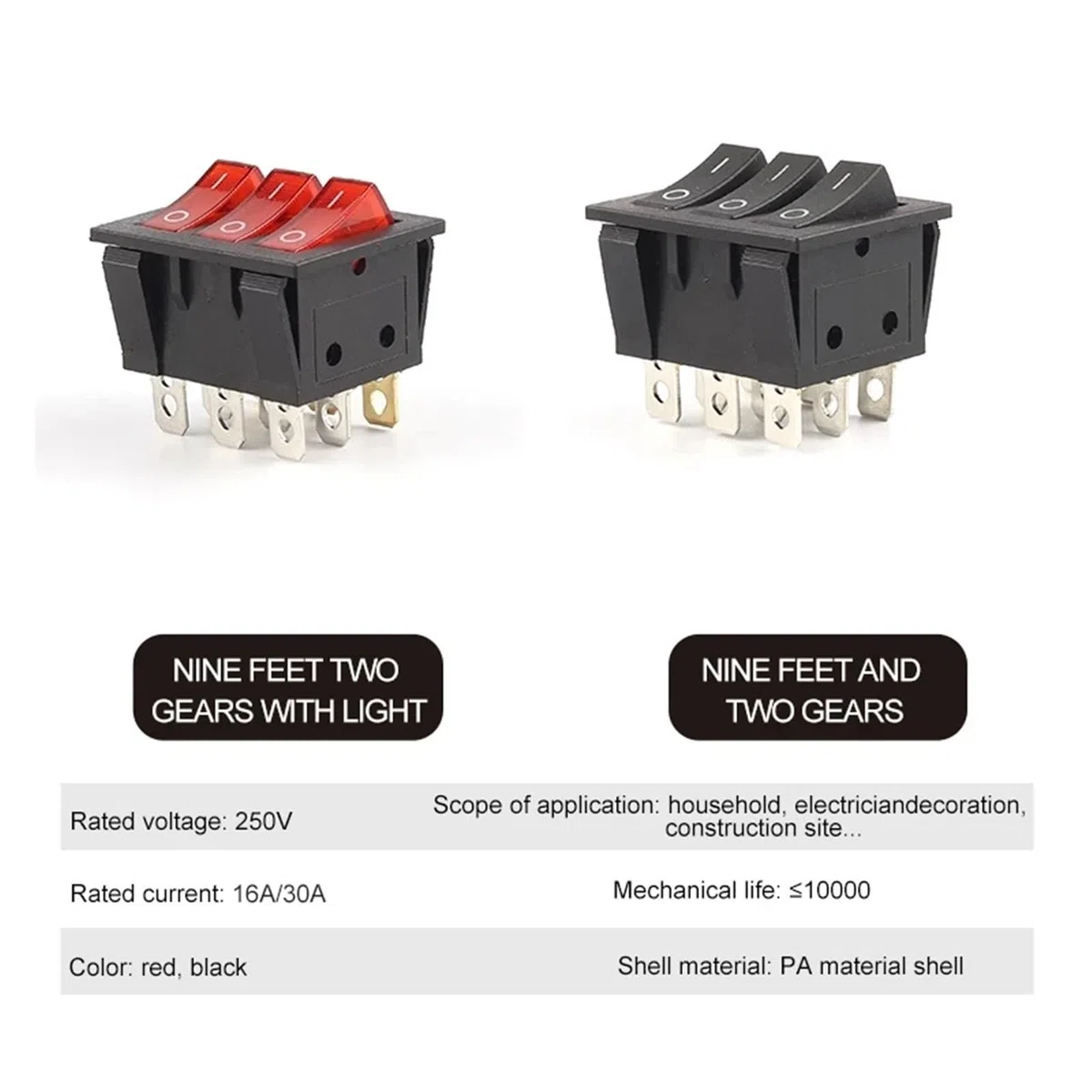 Interruptor basculante KCD3 40,3 x 33,3 mm, luz roja, 3 vías, negro, 9 pines, 2 posiciones, ON-OFF/ON-ON, 16A/30A, 250V CA, triple interruptor de alimentación, 10 unidades (With Red Light)