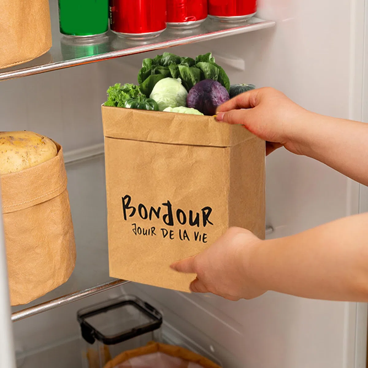 Bolsa de verduras para dulces, bolsa de producto reutilizable, recipiente de papel kraft lavable, maceta, maceta, contenedor de almacenamiento