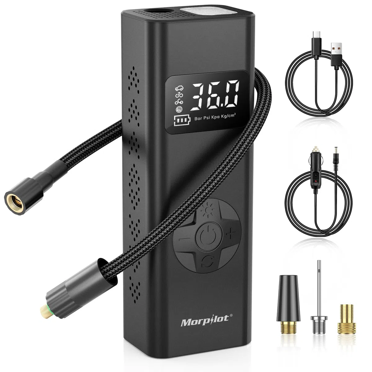 Morpilot 7800mAh Compresor de Aire Portátil, 150 PSI Inflador Inalámbrico para Neumáticos de Coche con Enchufe para Encendedor, Luz LED, Manguera de 30 cm y 4 Agujas para Coches, Motos, Bicicletas