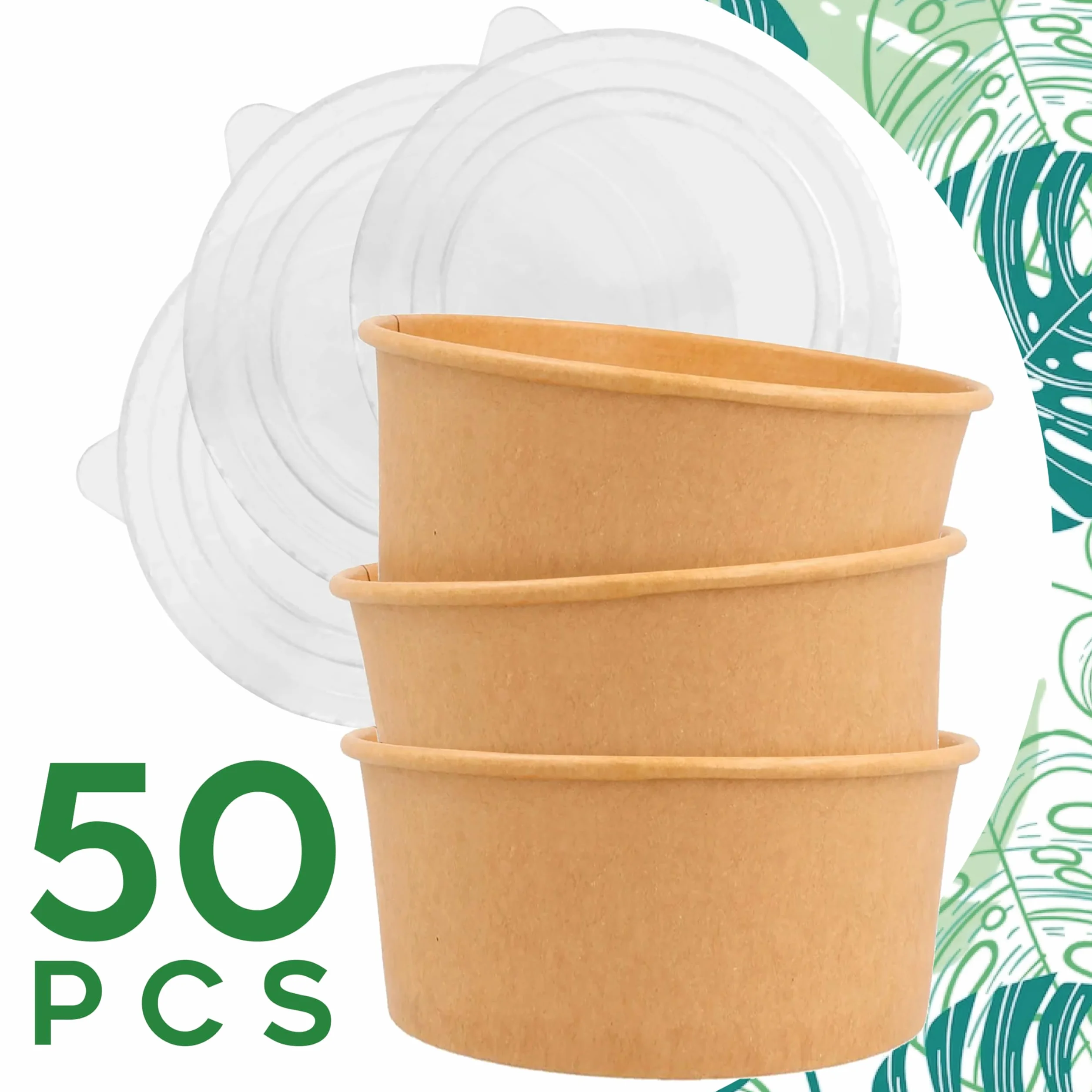 50 cuencos de papel de 1000 ml con tapa, recipiente contenedor de cartón ecológico compostable biodegradable para llevar comida comida comida poke desechable diám. 14,8 cm