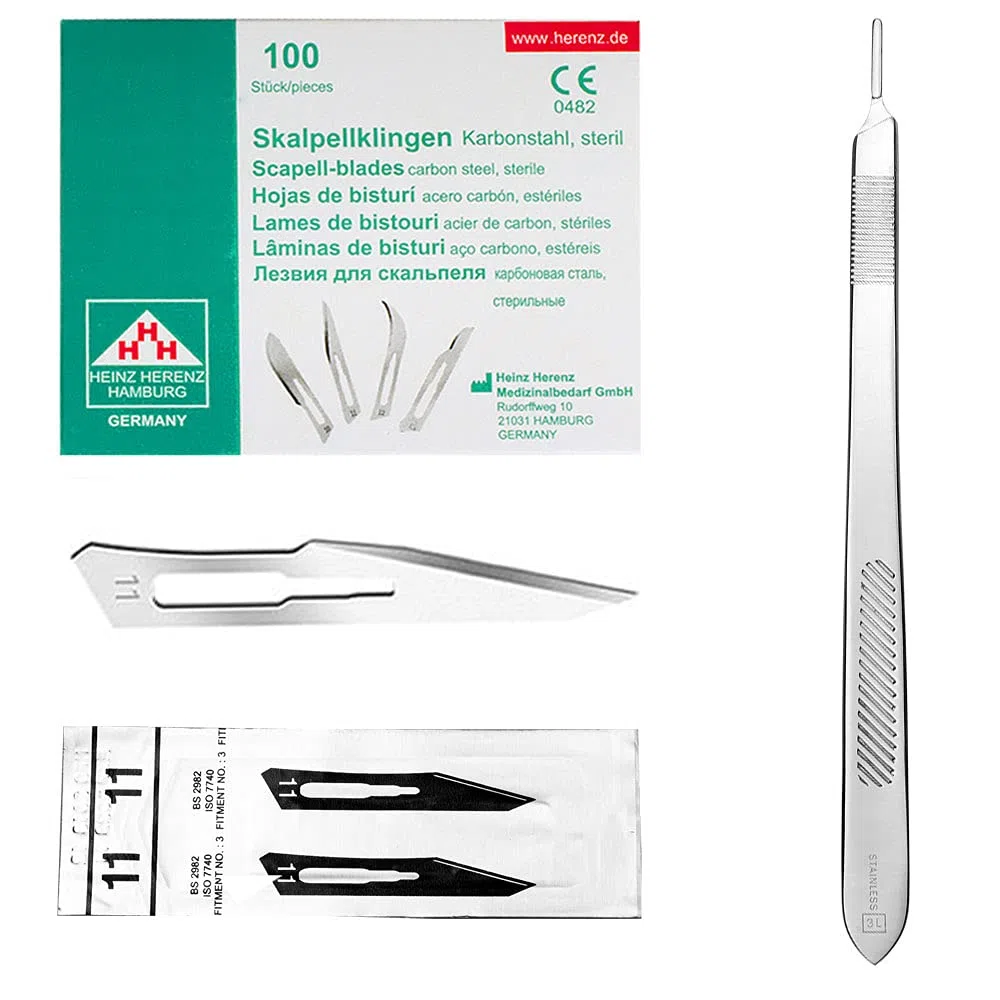 Set – 100 cuchillas de bisturí figura 11 de acero al carbono – Cuchillas de repuesto empaquetadas individualmente estériles + 1 soporte para bisturí de 21 cm de largo – acero inoxidable
