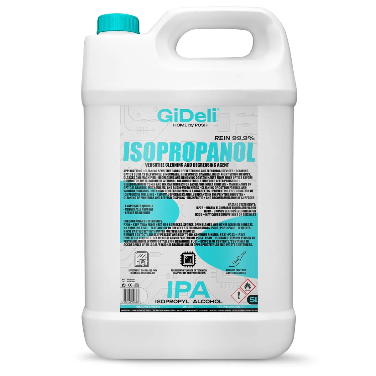 Gideli Alcohol Isopropilico 5l - Isopropanol 99.9% - Isopropyl para limpia contactos electronicos - componentes de impresión 3D, óptica y superficies sensibles
