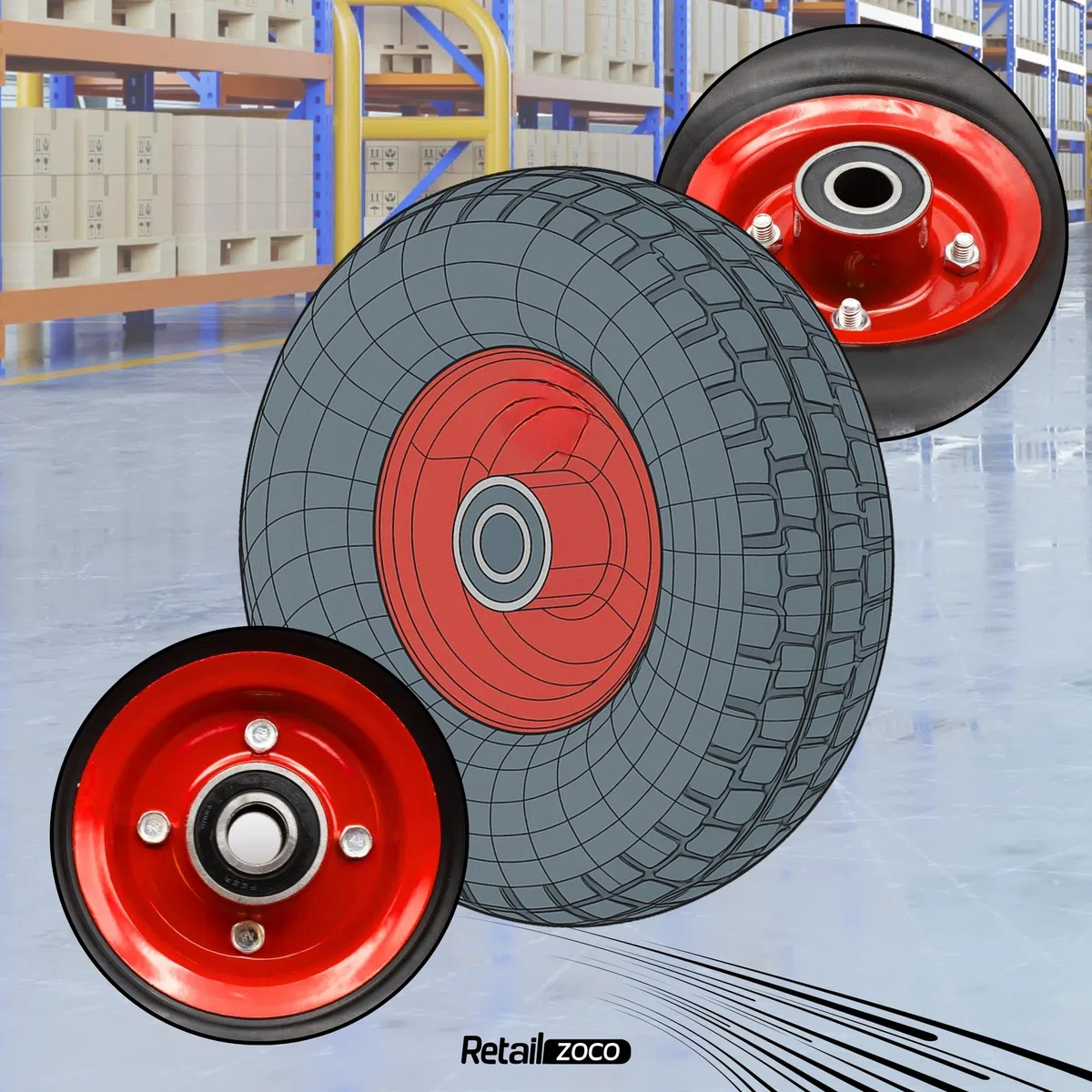 TECHZOCO Ruedas de carretilla, Rueda Carros de Almacén, Rueda neumática, Llanta de Acero, Diámetro 260 mm, Ancho de banda 85 mm, Diámetro buje 20 mm, Soporta hasta 120 Kg, 2 Unidades