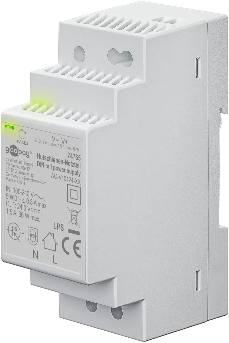 goobay Fuente de alimentación DIN 24V DC 1,5A, transformador de 230V a 24V con voltaje ajustable, protección múltiple, indicador LED, montaje en carril DIN, 74765