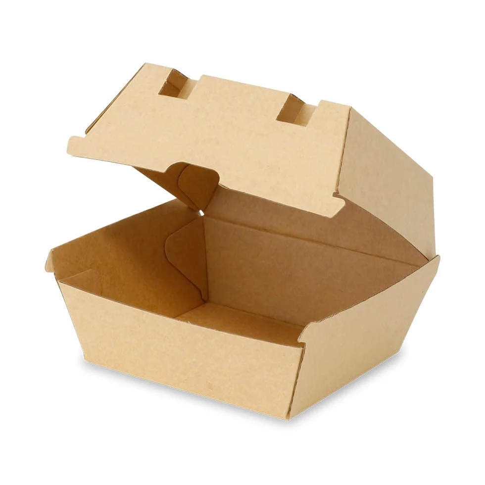 GREENBOX Caja de hamburguesas Take Away de 50 unidades, robustas cajas para hamburguesas con tapa elevada, caja de cartón kraft, embalaje estable para hamburguesas, 13 x 14 x 8 cm, biodegradable