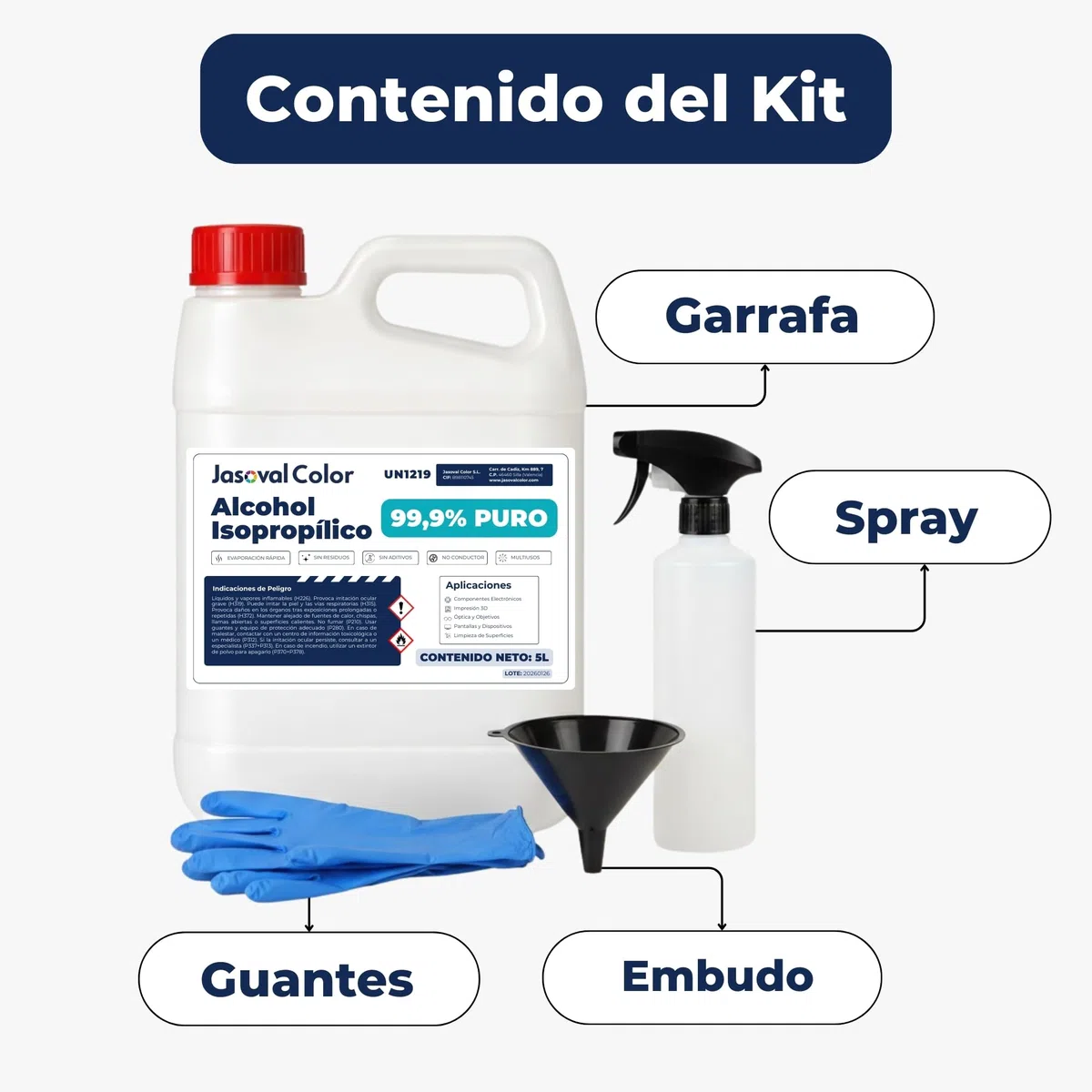 Alcohol Isopropílico 99,9% 5L de Alta Pureza - Kit con Spray, Embudo y Guantes para Limpiar Componentes Electrónicos, Impresión 3D, Pantallas y Superficies - Isopropyl Alcohol