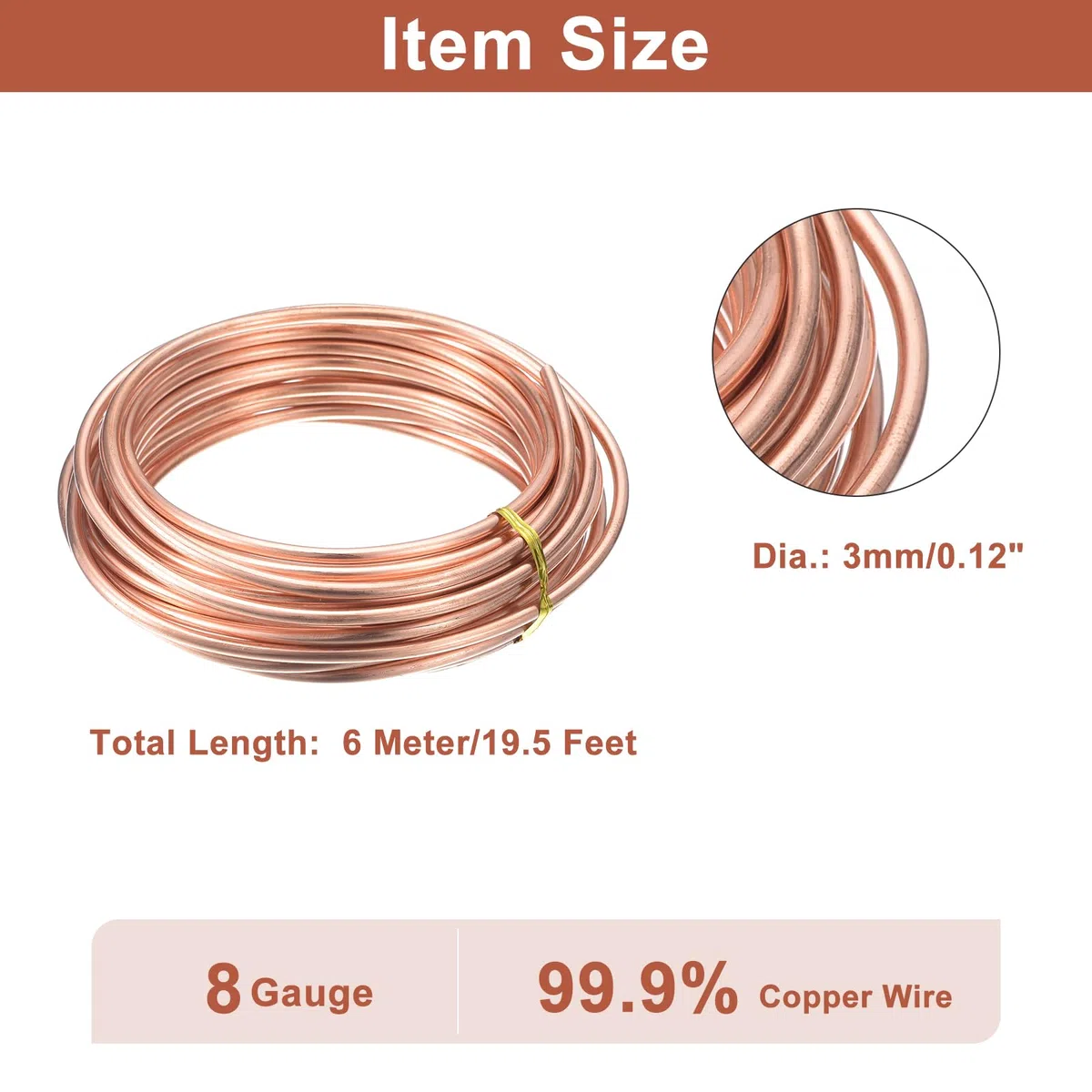 QUARKZMAN Alambre De Cobre Suave (Calibre 8, 19.5 Pies), Alambre De Cobre Desnudo 99.9% Puro 3mm Alambre Sólido Para Manualidades DIY Decoración Jardinería (6 Metros)
