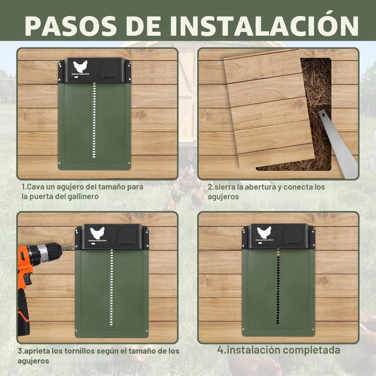 Puerta Automática para Pollos con Corredera y Rieles Guía - Abridor Eléctrico para Gallinero, Cría Segura (Verde)