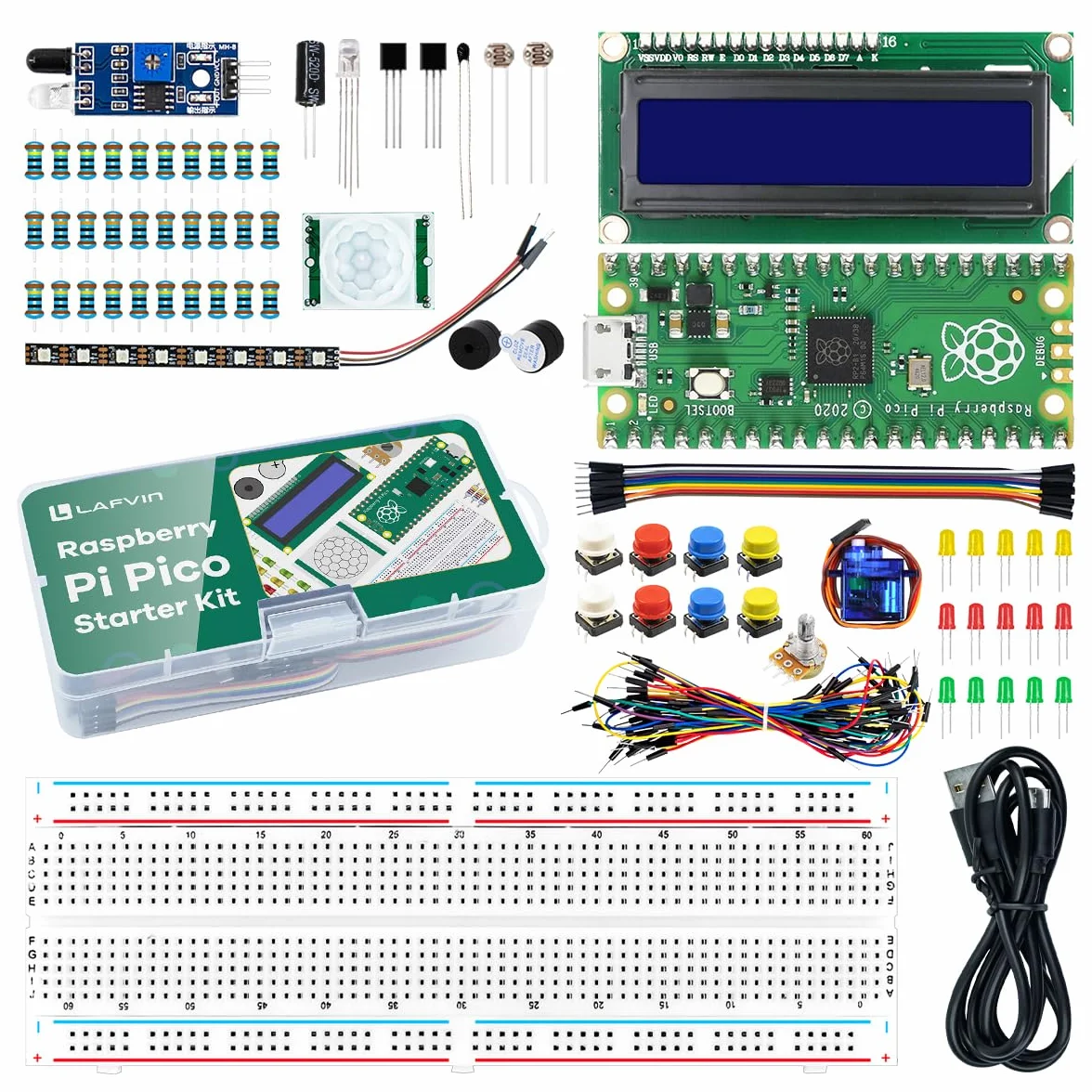 LAFVIN Kit básico para Raspberry Pi Pico, con Breadboard, 1602, Support Python, C, Java con tutorial
