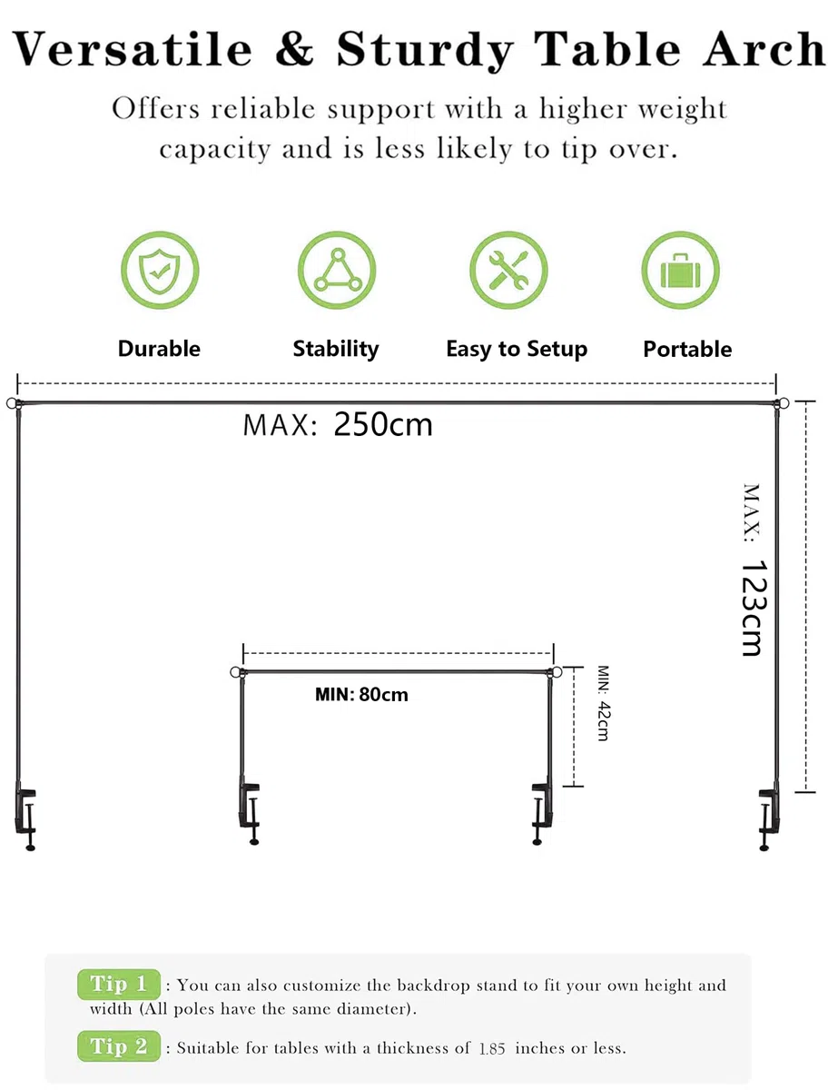 Barra Decorativa para Mesa Extensible con Abrazaderas, Soporte de Arco de Metal para Mesa para Bodas, Longitud 80cm-250cm, Fiestas