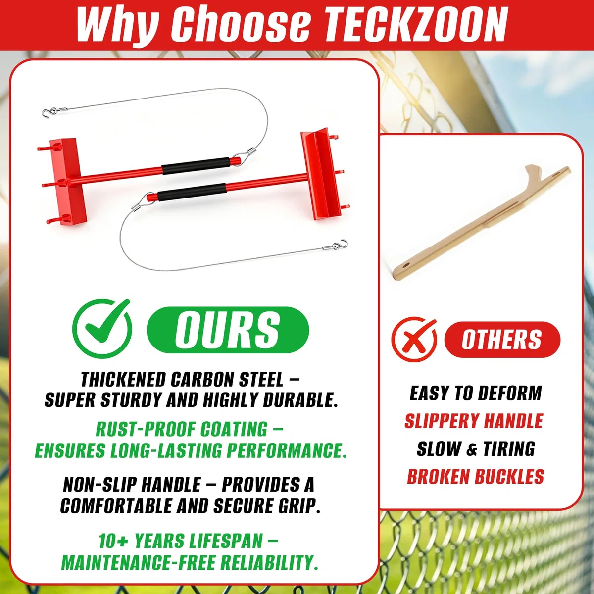 Tensor para valla de malla metálica, herramienta de tensión resistente para tubo superior con cable de acero de 70cm y 3 ganchos, acero al carbono, alta fuerza de tracción, manejo por una sola persona