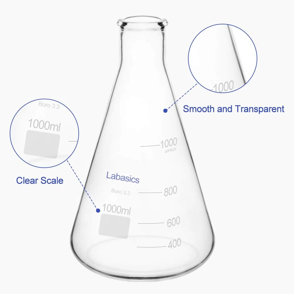 Labasics Matraces Erlenmeyer en Boca Estrecha, Erlenmeyer Flask Matraz de Cristal de Borosilicato con Borde Resistente - 1L