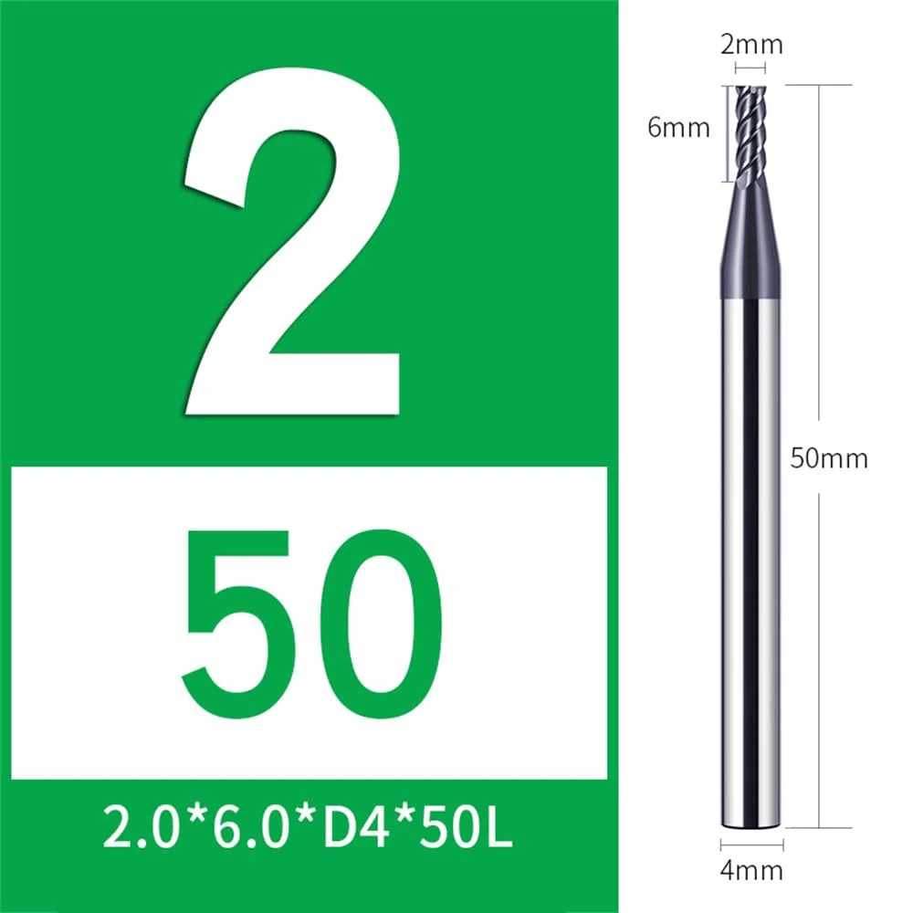 Fresa de carburo (2 mm, 4 dientes/filos, HRC 55, Altin, negro, revestimiento CNC, fresado en punta, VHM, para acero metálico, madera acrílica, plástico