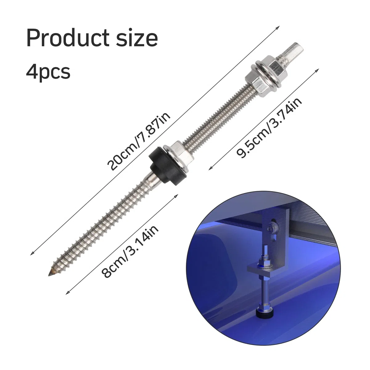 Tornillos para Fotovoltaicos M10 x 200mm, Pernos Solares de Altura Ajustable 4PCS, Incluido Tornillos Autorroscantes Doble Cabeza, Tuercas de Dientes de Bloqueo, Juntas de Goma