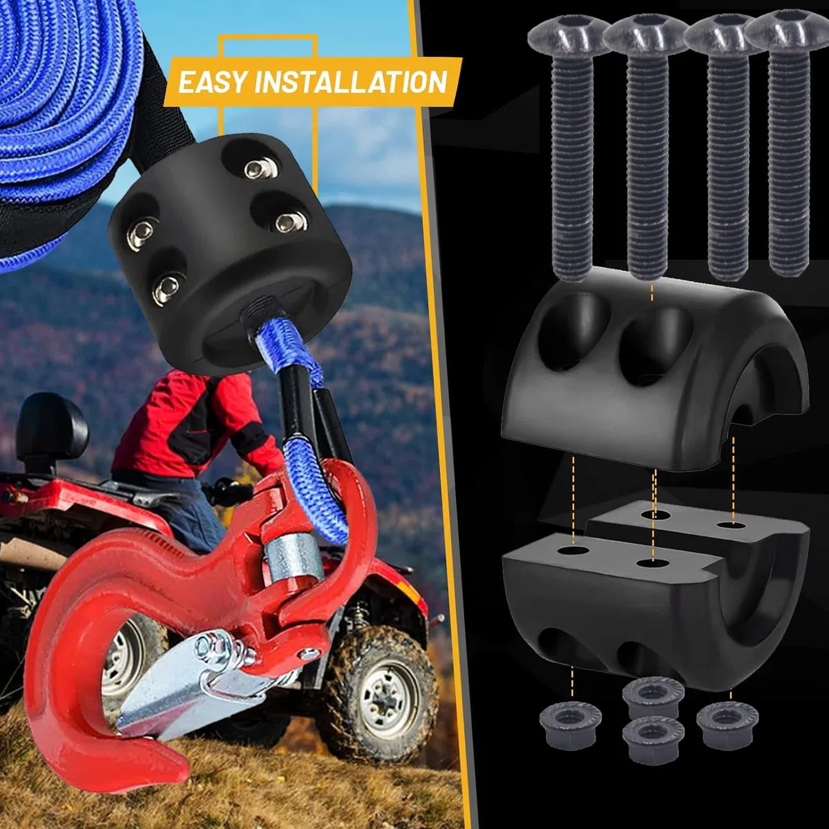 Cabrestante cable gancho tapón de goma de silicona para cuerda sintética de alambre con llave Allen, línea de cabrestante ATV UTV, amortiguador, evitar el rebote y la abrasión (negro)
