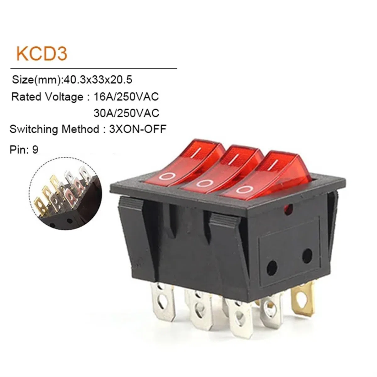 Interruptor basculante KCD3 40,3 x 33,3 mm, luz roja, 3 vías, negro, 9 pines, 2 posiciones, ON-OFF/ON-ON, 16A/30A, 250V CA, triple interruptor de alimentación, 10 unidades (With Red Light)