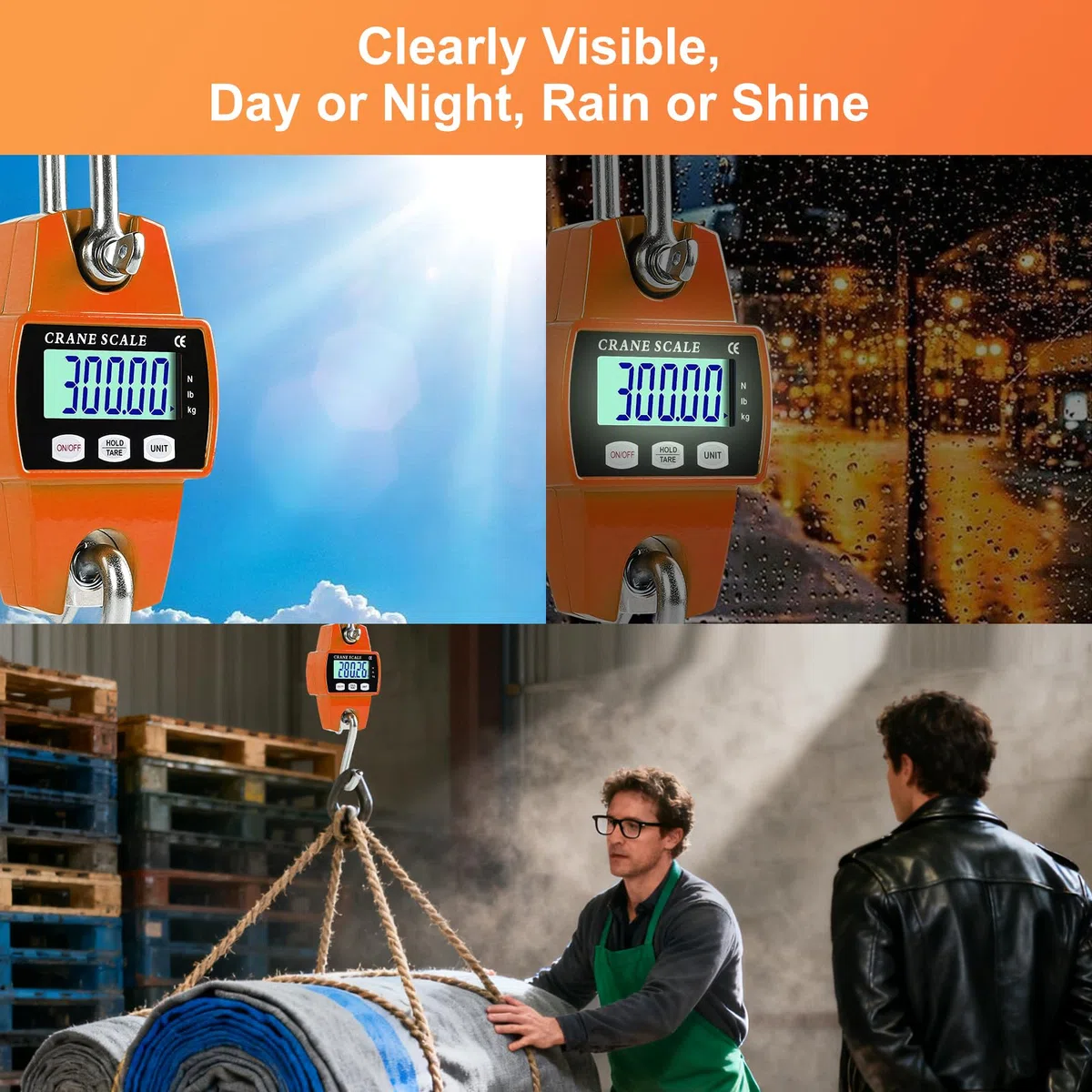 EFUTURETIME Báscula Digital Colgante 300kg, Báscula de Grúa Electrónica Industrial de Industrial con Sensor Preciso y LCD Portátil para Caza, Pesca, Granjas, Fábricas y Muelles, Naranja