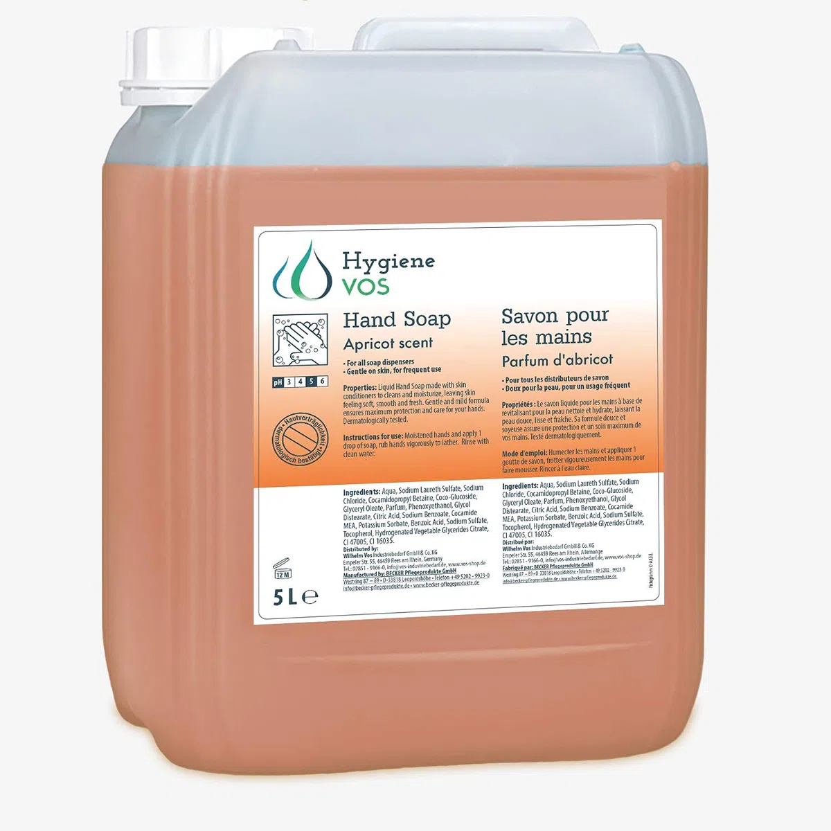 Hygiene VOS 5 litro Jabón Líquido de Manos albaricoque pH Neutro de Uso Diario. Fórmula Extra Suave y Biodegradable. Envase Económico 5L, ara Todo Tipo de Dispensadores