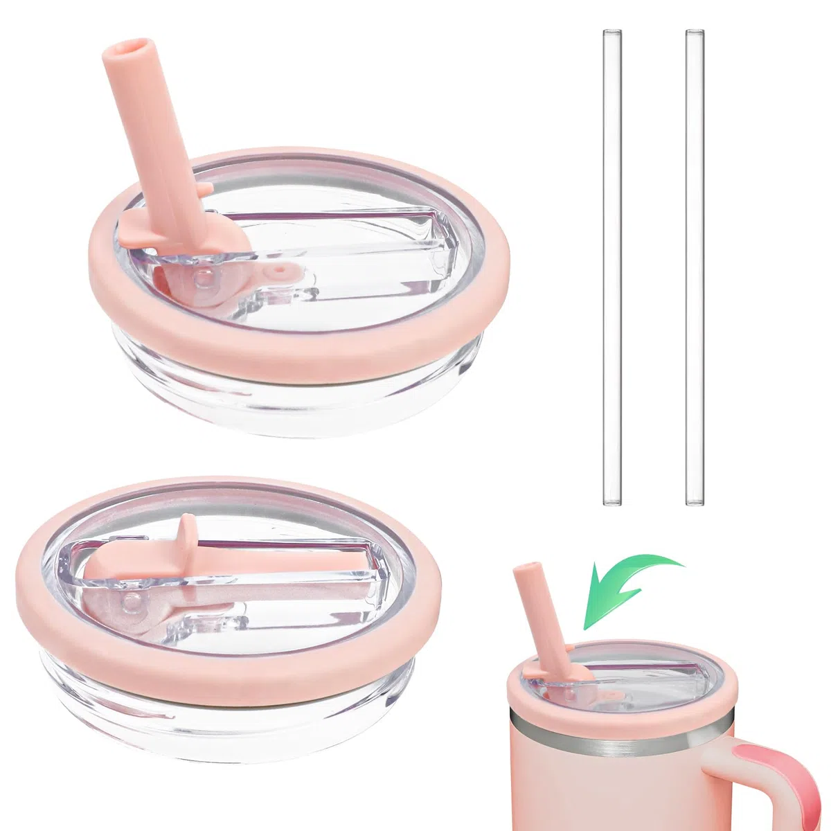 Tapa Stanley Anti Goteo 40 oz Con 2 Paja - Repuesto de Vasos a Prueba de Fugas y Polvo - Rosa