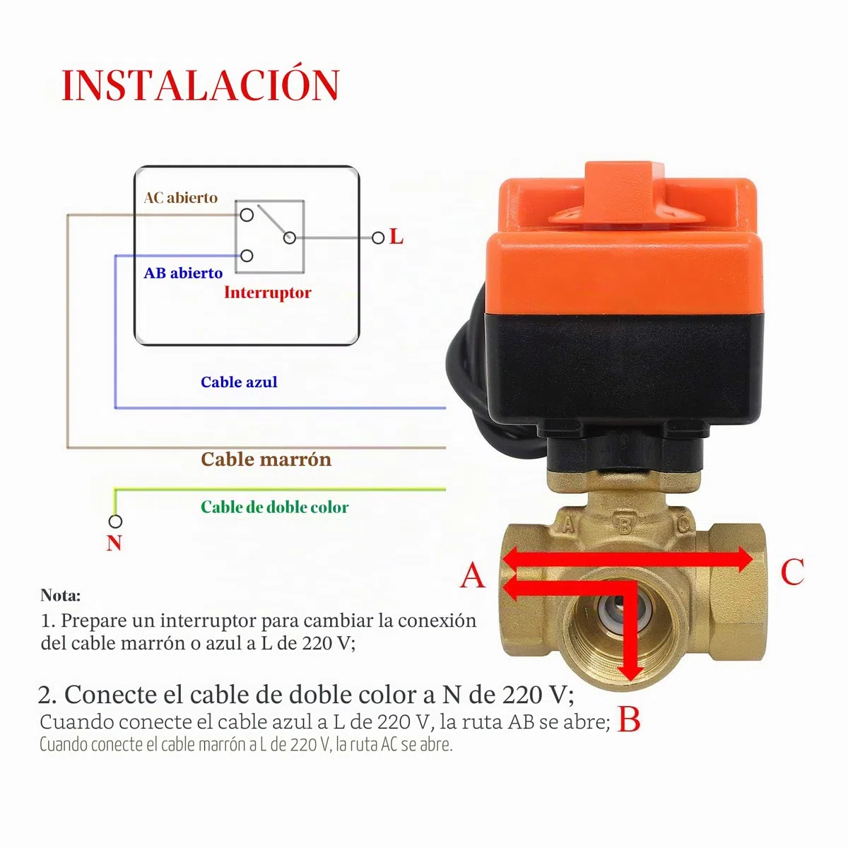 Tipo T - Valvula 3 vias motorizada o manual AC 220v - electrovalvula 3 vias agua 1/2 3/4 1 1-1/4 1-1/2 pulgada (1 pulgada DN25)