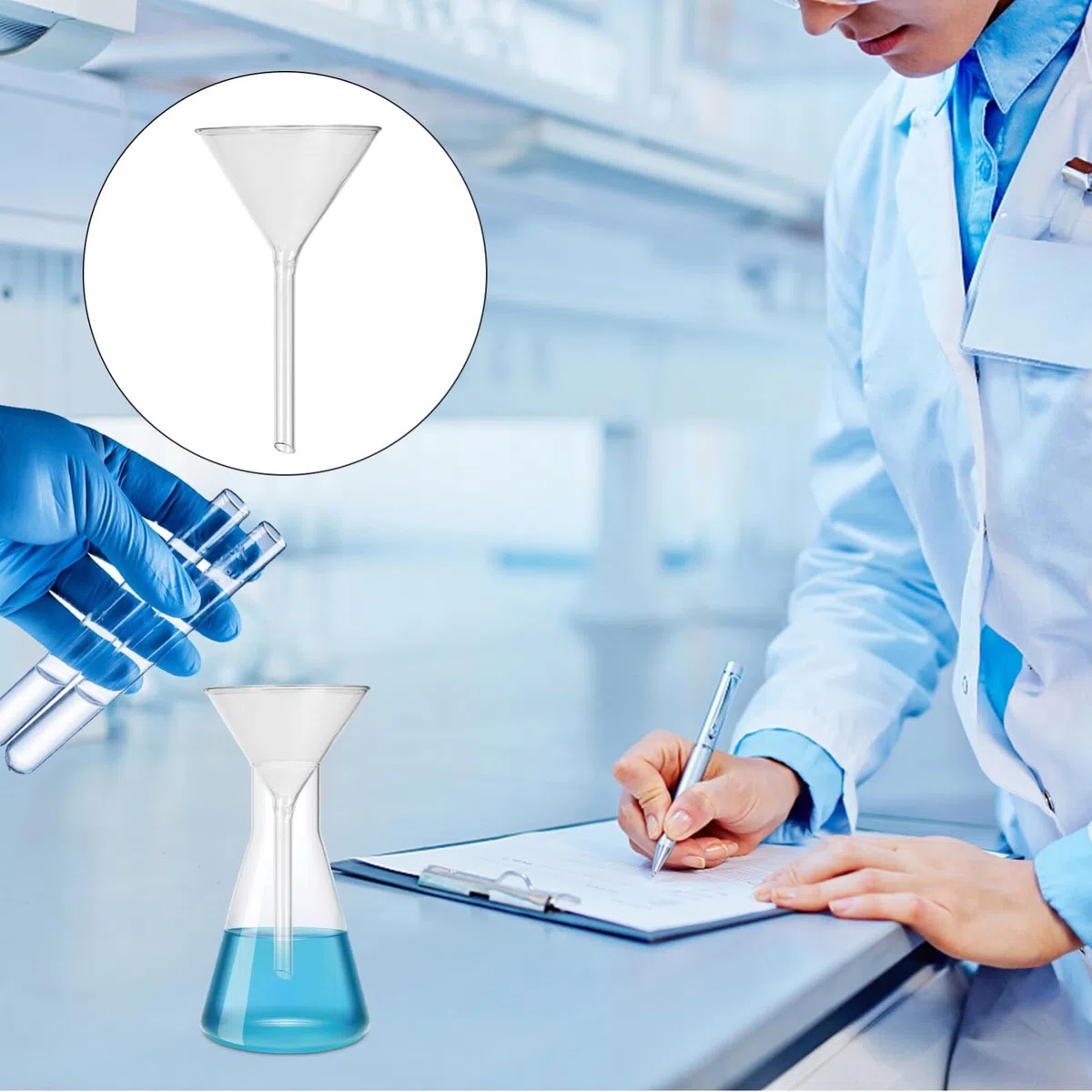 Genérico Juego De 4 Embudos De Vidrio De Cuello Corto Para Laboratorio Embudos Triangulares Resistentes Para Transferencia Precisa De Líquidos En Botellas Pequeñas