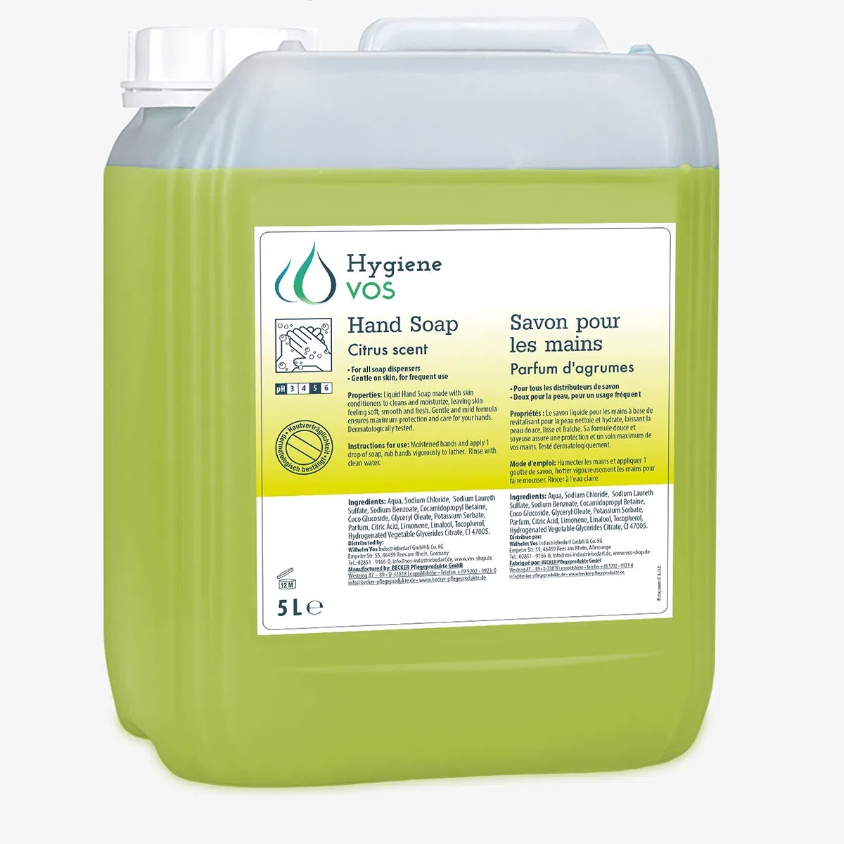 Hygiene VOS 5 litros Jabón Líquido de Manos citrón pH Neutro de Uso Diario. Fórmula Extra Suave y Biodegradable. Envase Económico de 5L, para Todo Tipo de Dispensadores
