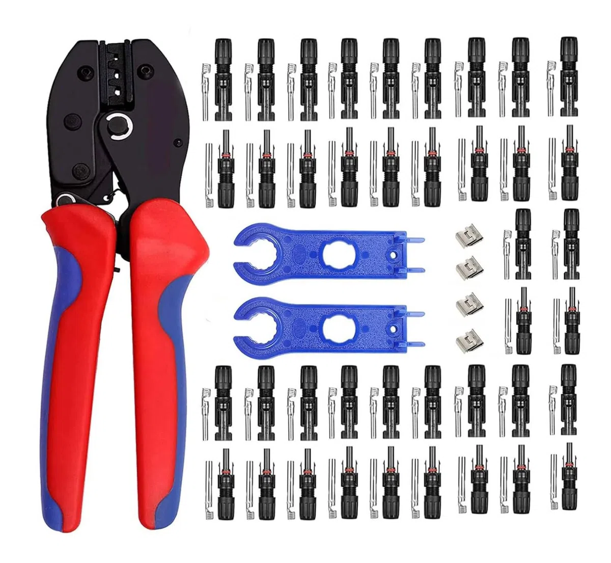 Kit Crimpadora Solar para 26-10AWG Conectores de Cable de Panel Solar,1PCS Herramienta de Crimpado Solar PV, 20 Pares Macho Hembra Solar Panel Cable conectores, 2PCS Herramientas de llave