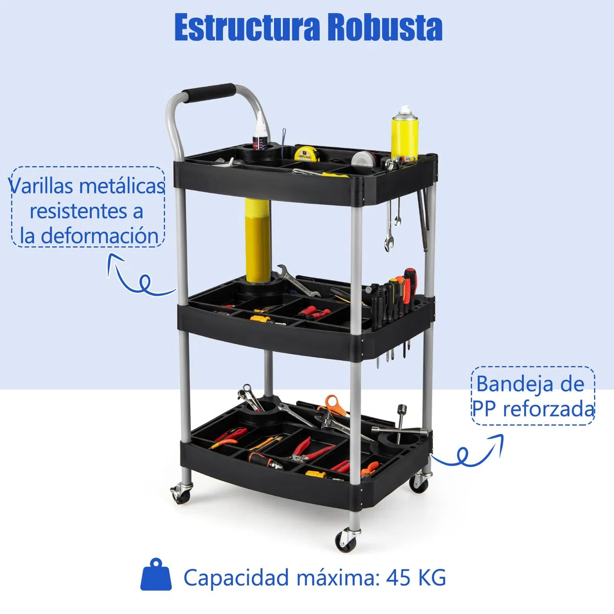 GOPLUS Carro de Herramientas con Ruedas de 3 Niveles, Carro de Taller con Ranuras para Herramientas y Mango, Carrito de Almacenamiento Multiuso para Hogar Taller Garaje