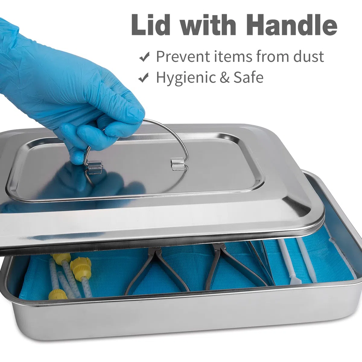 Bandeja de acero inoxidable con tapa, organizador de esterilización médica multifunción, para laboratorio dental y tatuaje, gran soporte para instrumentos quirúrgicos con tapa y asa