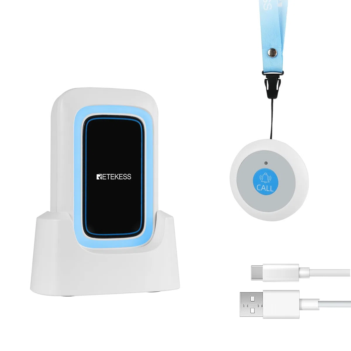 Retekess TH109 Botón Llamada Emergencia, Botón de Llamada Inalámbrico para Ancianos, Sistema de Alerta de Emergencia, 850 pies de Distancia de Comunicación, Alarma Multimodo, Cuidado en el Hogar