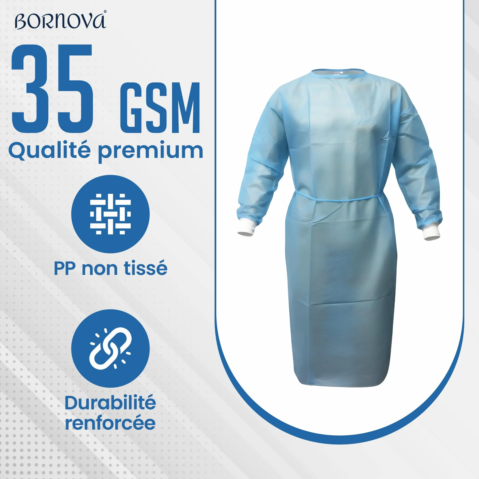 Bornova Sobrebata médica desechable - Bata de aislamiento para pacientes hospitales - PP Tamaño universal - Calidad profesional Cómodo - AZUL CIELO (35 gsm /10 PCS)