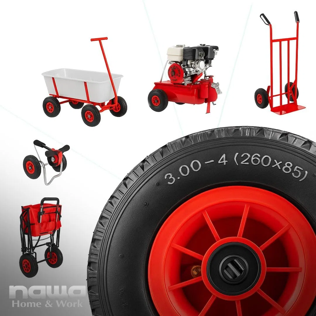 Ruedas Carretilla Inflables 3.00-4 (260x85 mm) - para Carretilla, Carro, Carretón. Rueda Completa: Neumático + Cámara de Aire con Válvula Acodada + Llanta de PVC Roja con Rodamientos de Rodillos.