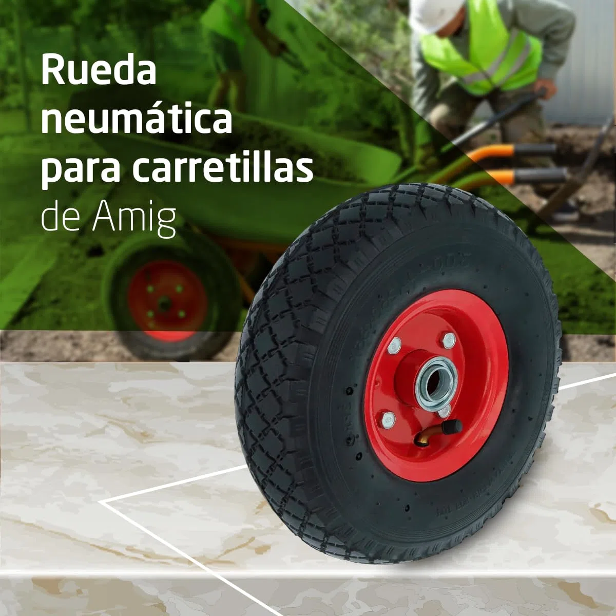 Amig - Rueda Neumática para Carretillas o Carros de Almacén con Cámara de Aire, Llantas en Color Rojo y Rodamientos de Bolas - Diámetro Ø260 x 85 mm · Peso Máximo 150 kg