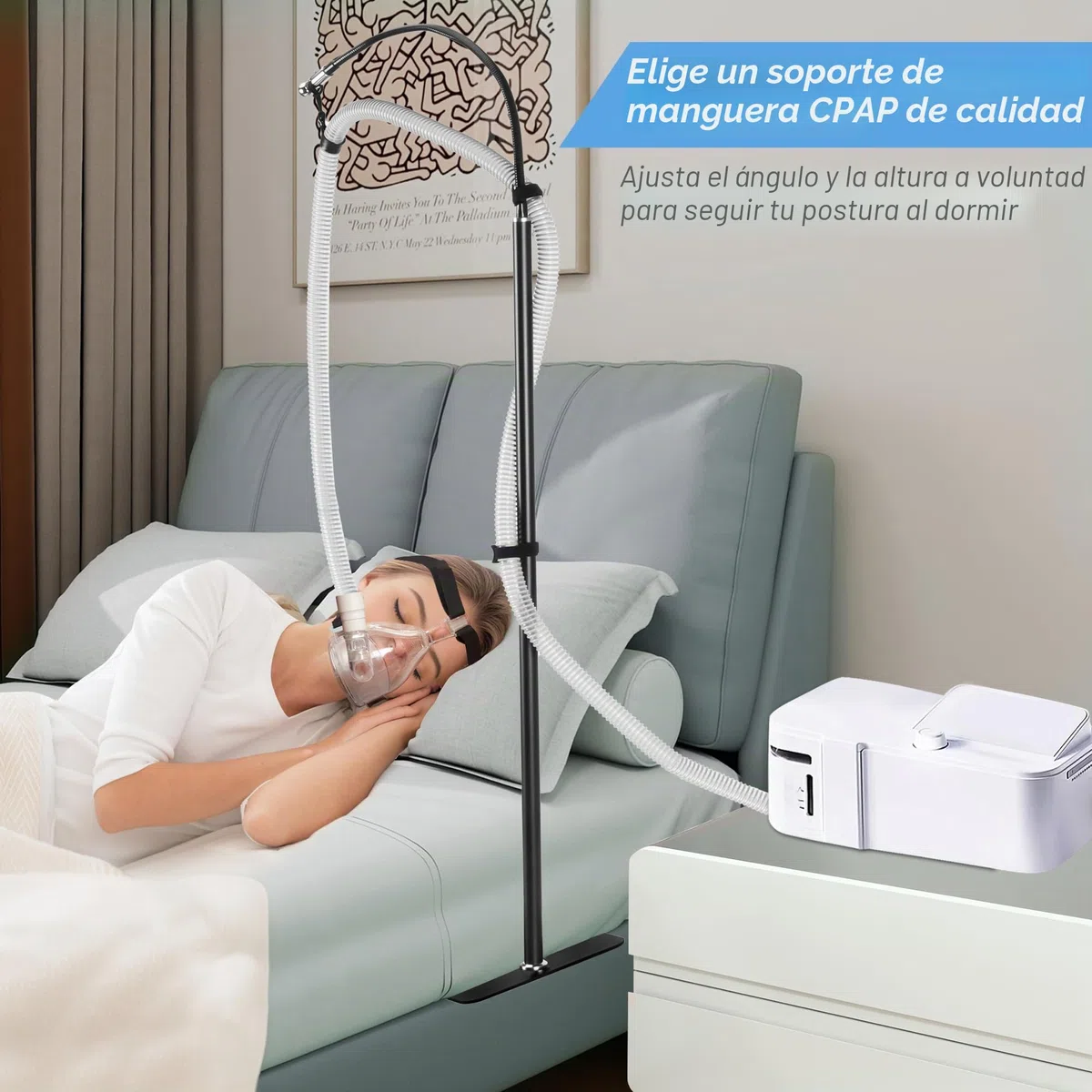 Porta Manguera CPAP Soporte Colgante Totalmente Ajustable para Cama; Mantén tu Manguera CPAP Segura y Sin Enredos Montaje Versátil Bajo el Colchón o en Suelo con Brazo Giratorio