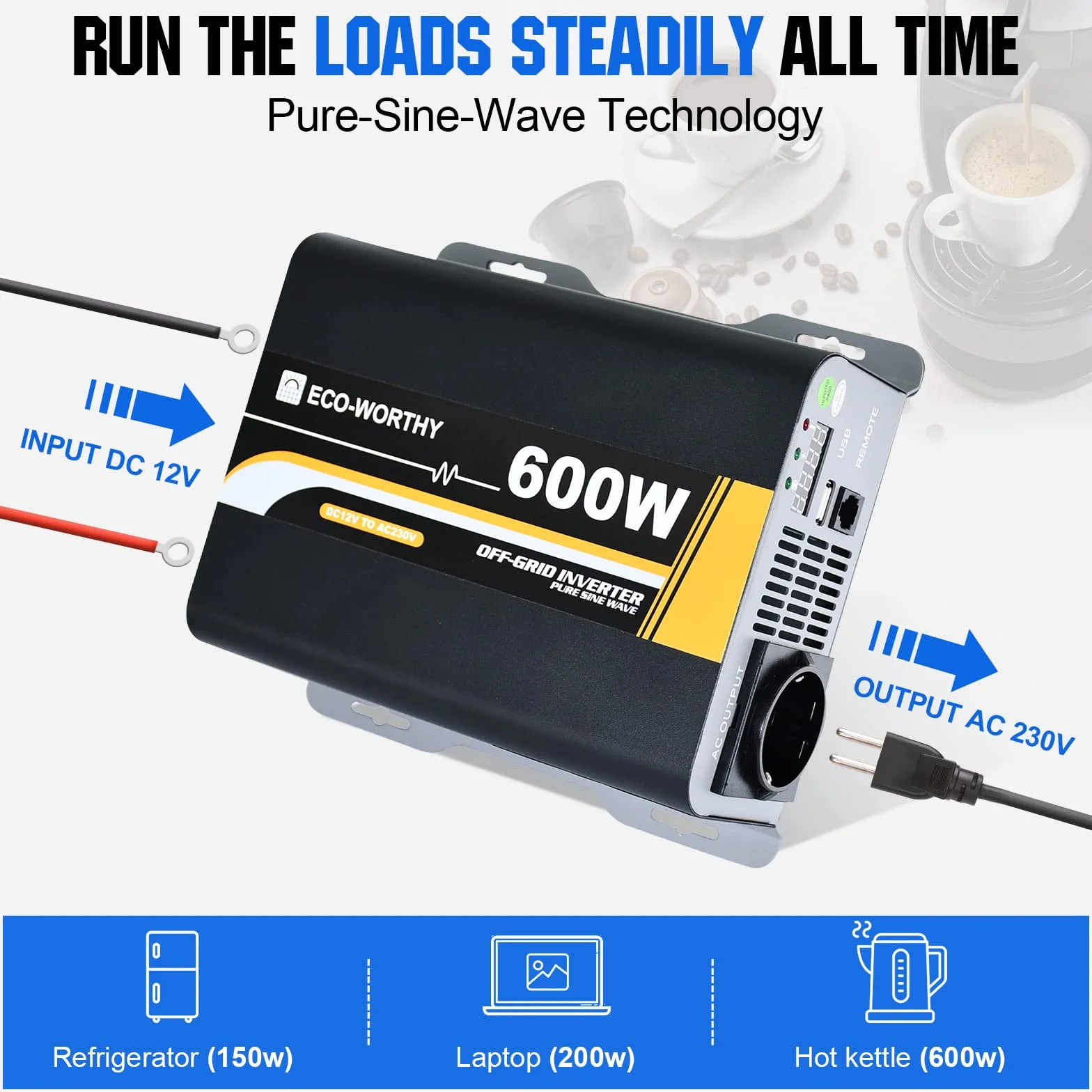ECO-WORTHY - Inversor Solar de 600 W, Onda para Coches, autocaravanas, caravanas, Camping y Sistema Solar