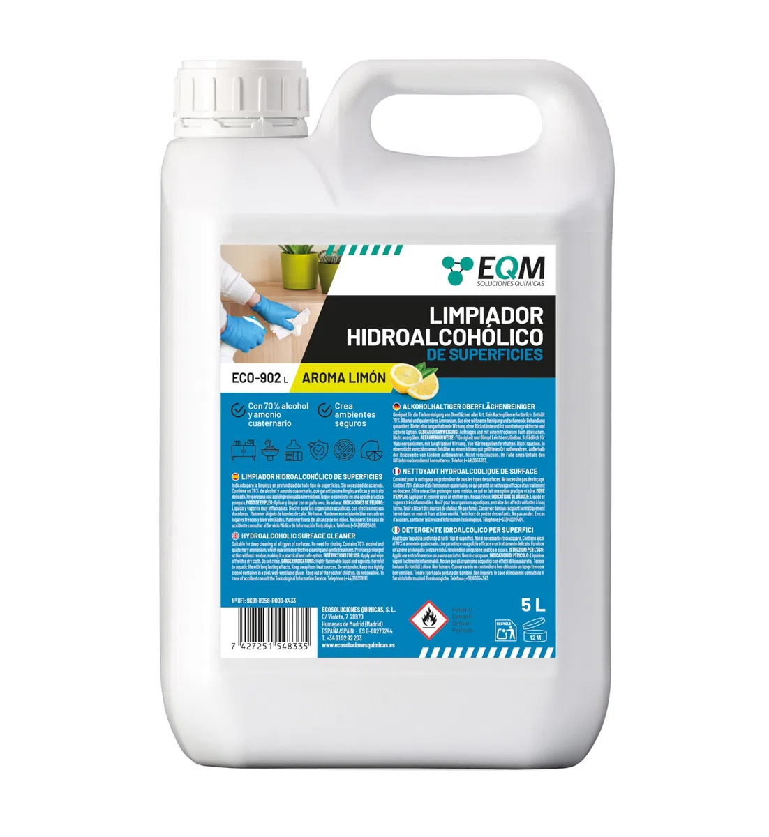 EQM - ECO-902L - Limpiador Hidroalcohólico de Superficies - 5L - Limpieza de Zonas de Alto Contacto - Acción Inmediata, sin Aclarado, no Deja Residuos - Esencia Limón