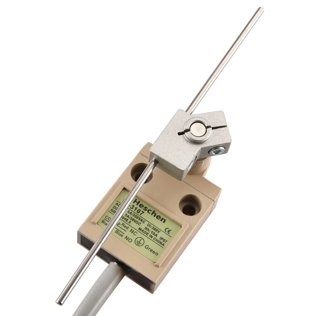 Heschen Interruptor de límite compacto precableado, HS-3107, palanca de varilla ajustable, 1NO 1NC, SPDT, tipo momentáneo, AC250V 5A, IP67 impermeable