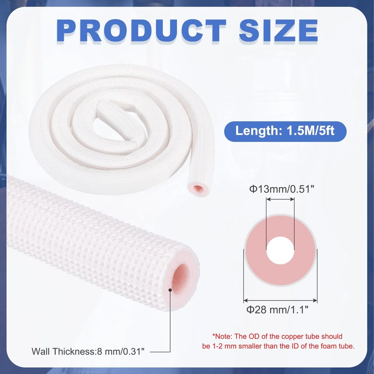 sourcing map Tubo de espuma aislante de tubería de cobre HVAC, diámetro interior de 1,5 m, tubo aislado de preservación del calor para aire acondicionado, mini juego de líneas de cobre divididas
