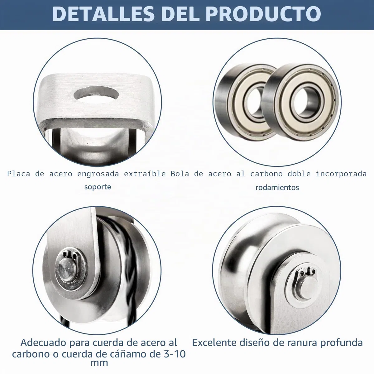 4 piezas de polea de desvío con 2 rodamientos de bolas, polea de acero inoxidable con capacidad de carga de 250 kg, polea de desvío para cuerda de acero, polea de desvío para cabestrante