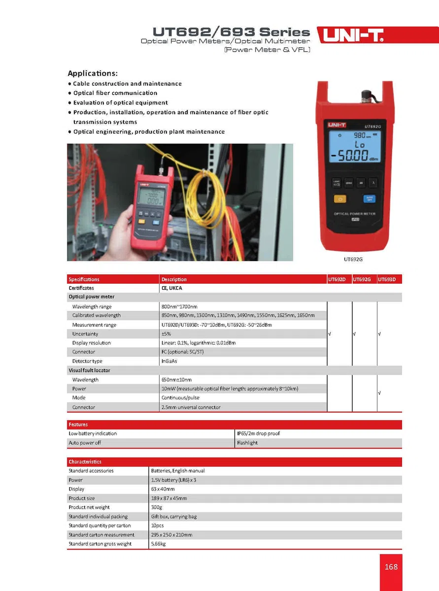 UNI-T UT692D Fiber Optic Tool Optical Power Meter Visual Fault Locator -70-10dBm -50-26dBm 10mW FC/SC/ST Connector