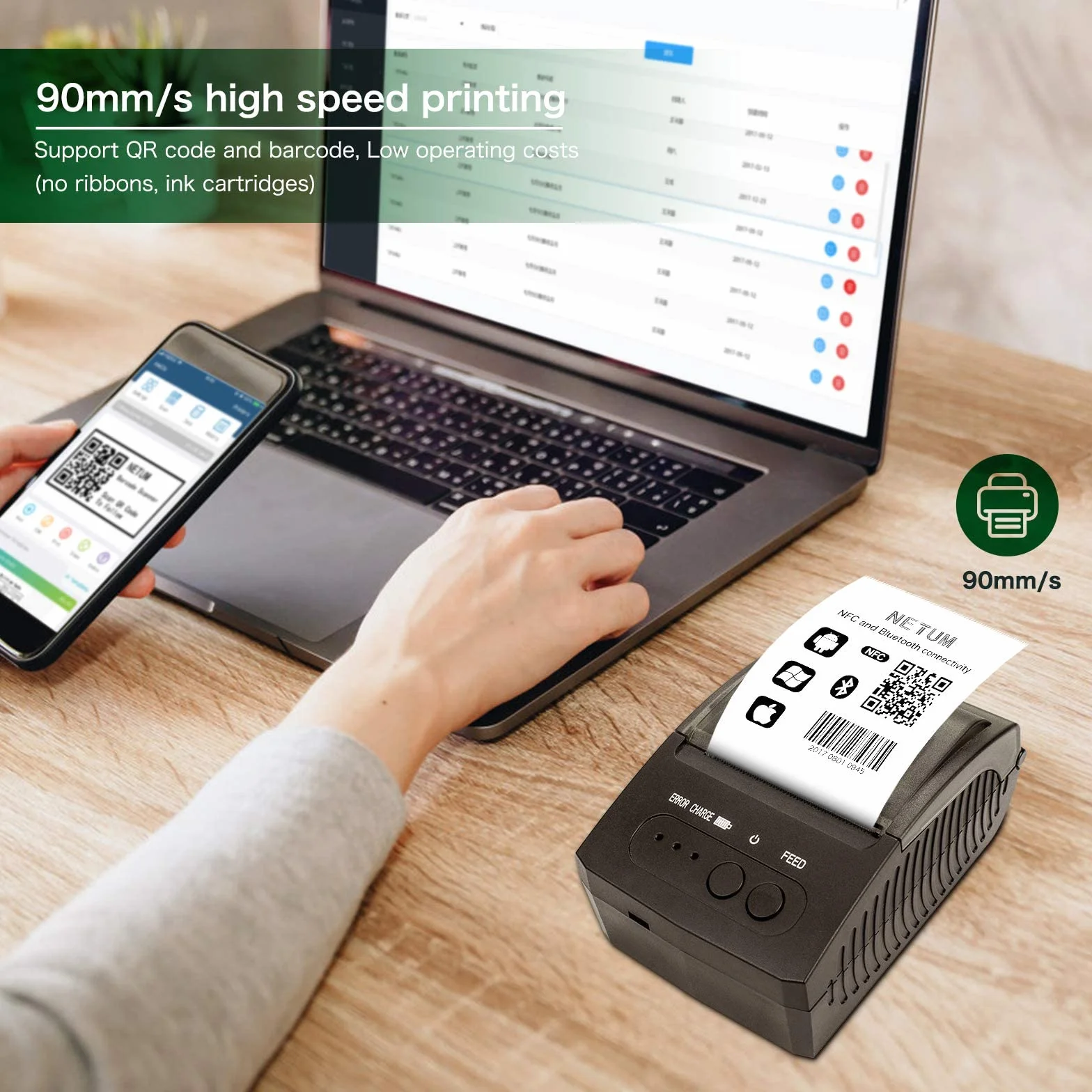 NETUM Bluetooth Impresora de Recibos, Mini Impresora Térmica Portátil de 58mm Sin Estuche de Transporte, Compatible con Android/Windows NT-1809
