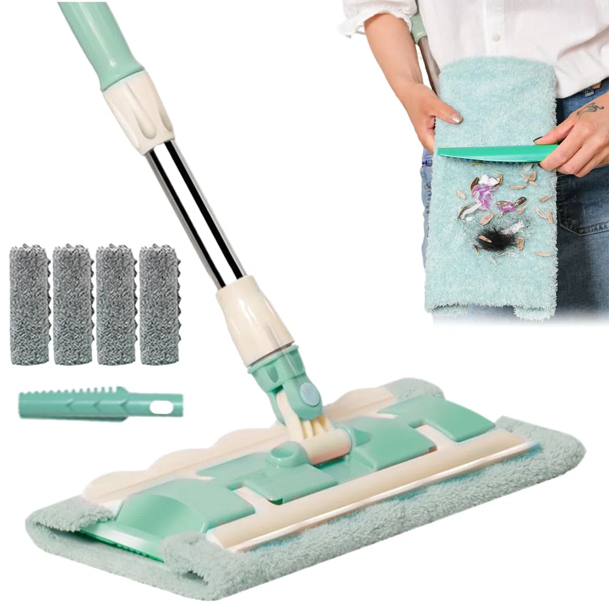 Serpilla para Suelo de parquet con 4 Cabezas Lavables, Incluye raspador de Polvo y Mango Ajustable Giratorio de 360 Grados para Limpieza
