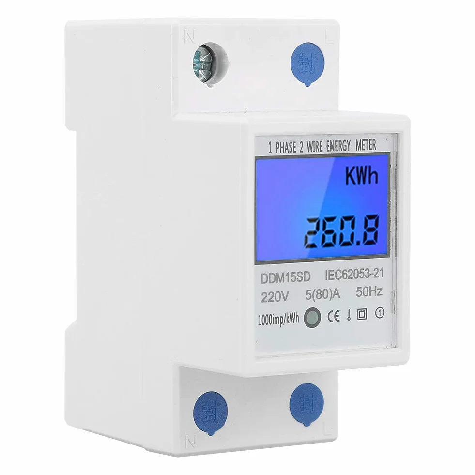 DDM15SD KWh Medidor de Energía Medidor de Energía Monofásico Pantalla Digital con Retroiluminación LCD 5-80a