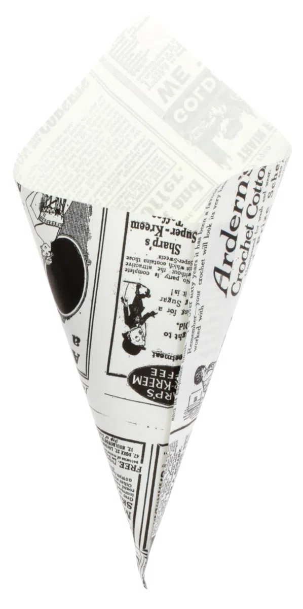 250 Cono de Papel Antigrasa Times 20 cm | Diseño Papel Periódico Blanco/Negro | Resistente a la Grasa y Calor | Ideal para Fritos, Food Trucks y Take Away | Pack de 250 unidades