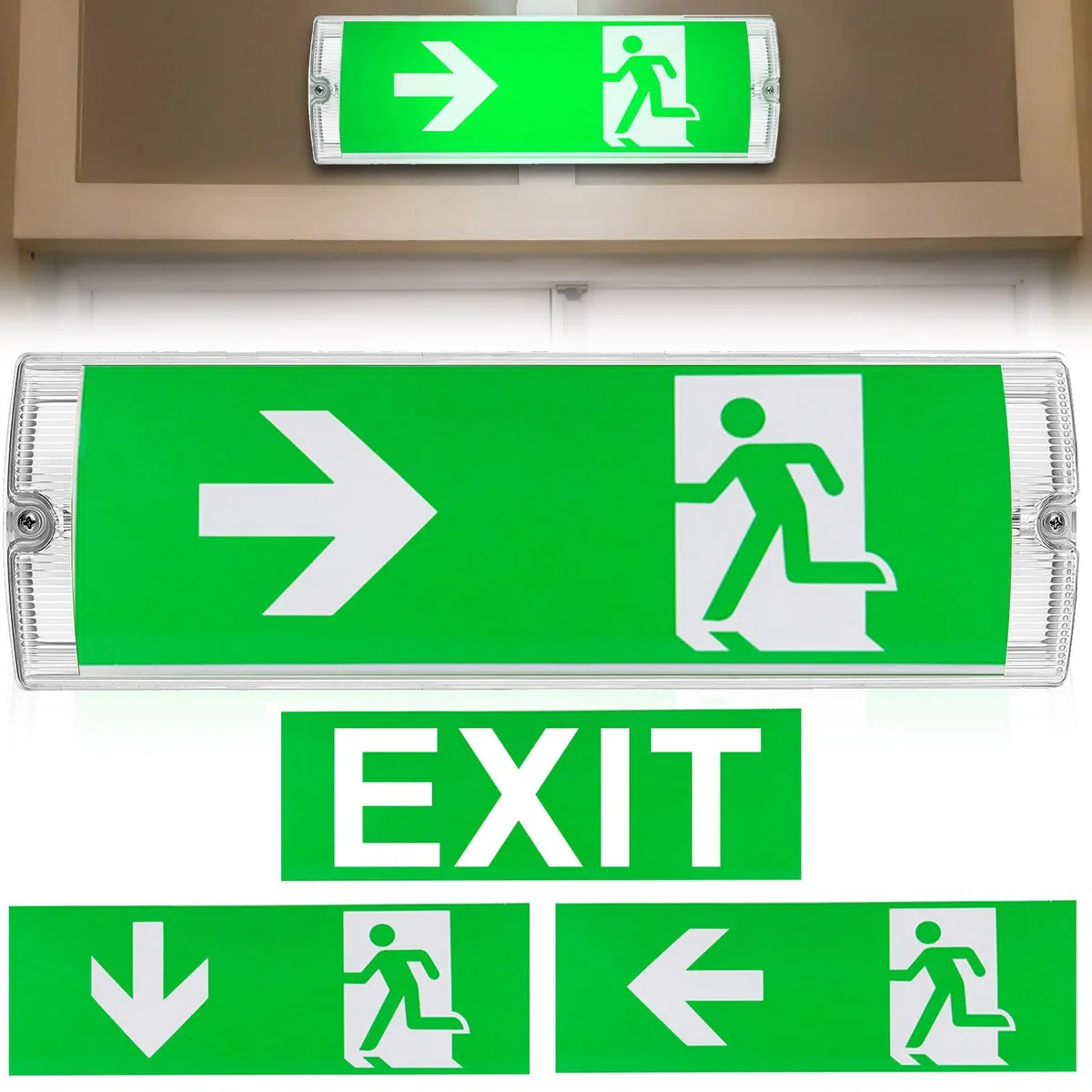 Iluminación LED de luz continua emergencia iluminación con 4 pictogramas de salida de emergencia 3h señal para instalaciones públicas