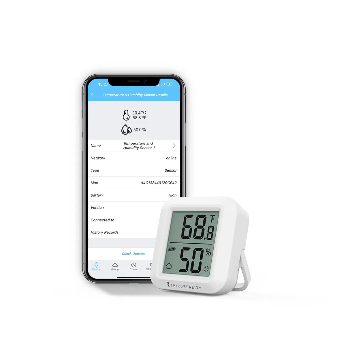 Sensor de temperatura y humedad Zigbee THIRDREALITY con pantalla LCD digital, requiere hub ZigBee, registros en la aplicación, monitoreo remoto y automatización del hogar inteligente, incluye pilasAAA