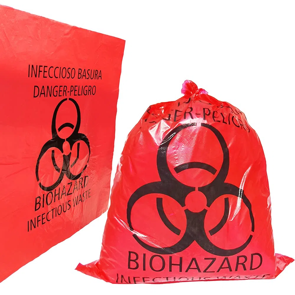 20 bolsas de basura rojas de 42 x 51 cm, con símbolo de peligro, desechables, peligrosas, para eliminación de residuos infecciosos (20)